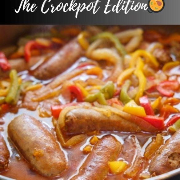 Crockpot keto sausages with onions and peppers. This quick Crock Pot recipe is super tasty! All you need are 7 ingredients: sausage, peppers, onions, and tomato sauce. Just pop them all into your slow cooker and let them simmer for a delicious meal. Yum! #slowcooker #crockpot #keto #dinner #healthy